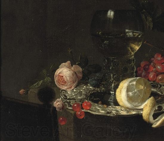 simon luttichuys A 'Roemer' with white wine, a partially peeled lemon, cherries and other fruit on a silver plate with a rose and grapes on a stone ledge